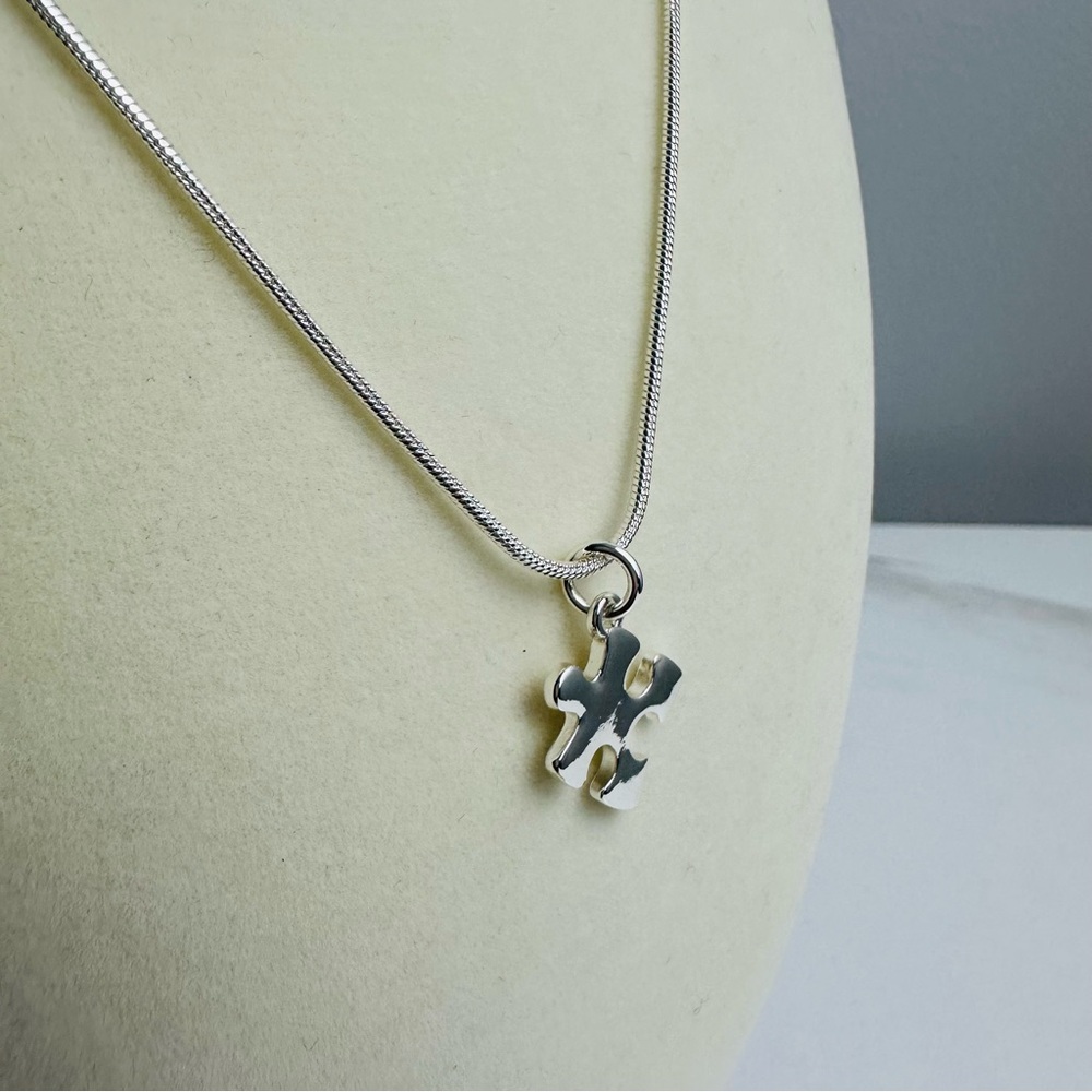 Silver-Plated Puzzle Piece Pendant Necklace | Snake Chain | NWOT - Picture 6 of 13